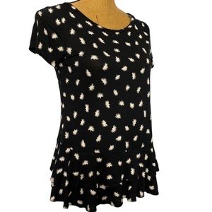 Loft Black Dandelion Print Tiered Ruffle Short Sleeve Casual T-shirt Top XS